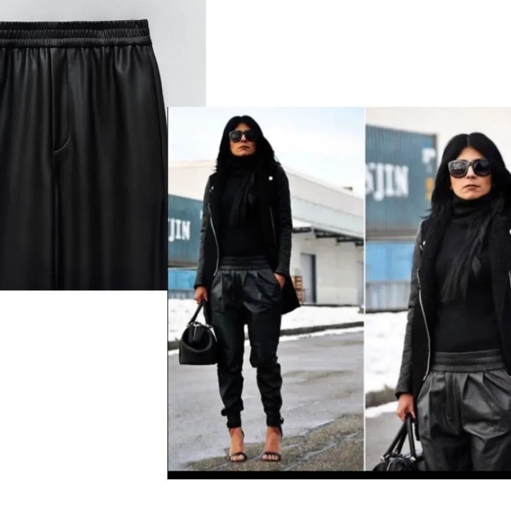 Zara black faux leather vegan joggers pull on Sz M NWT - Picture 3 of 13